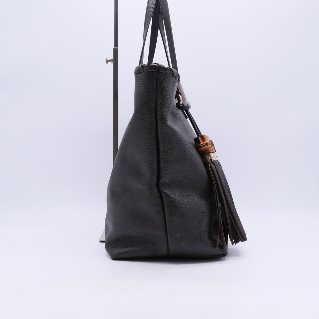Pebbled Calfskin Bamboo Tassel Tote Dark Brown B21264