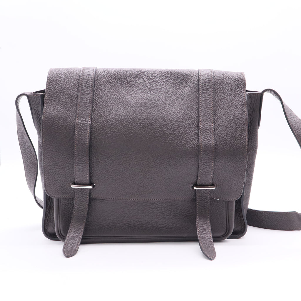 Hermes 35cm Taupe Grey Clemence Leather Palladium Plated Steve Messenger Bag  LDJ2662 twins