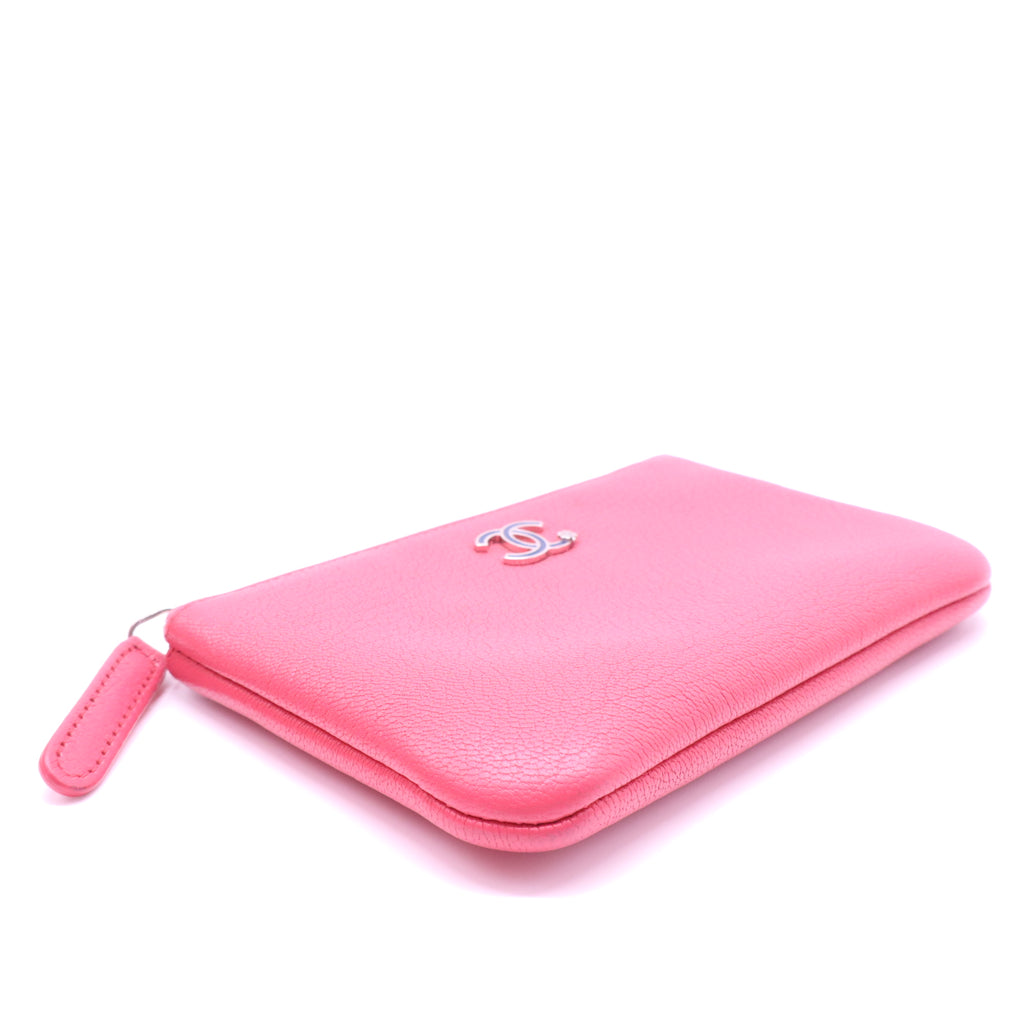 Chanel Pink Grain Goatskin Leather Camellia Mini O-Case Zip Pouch  W21417