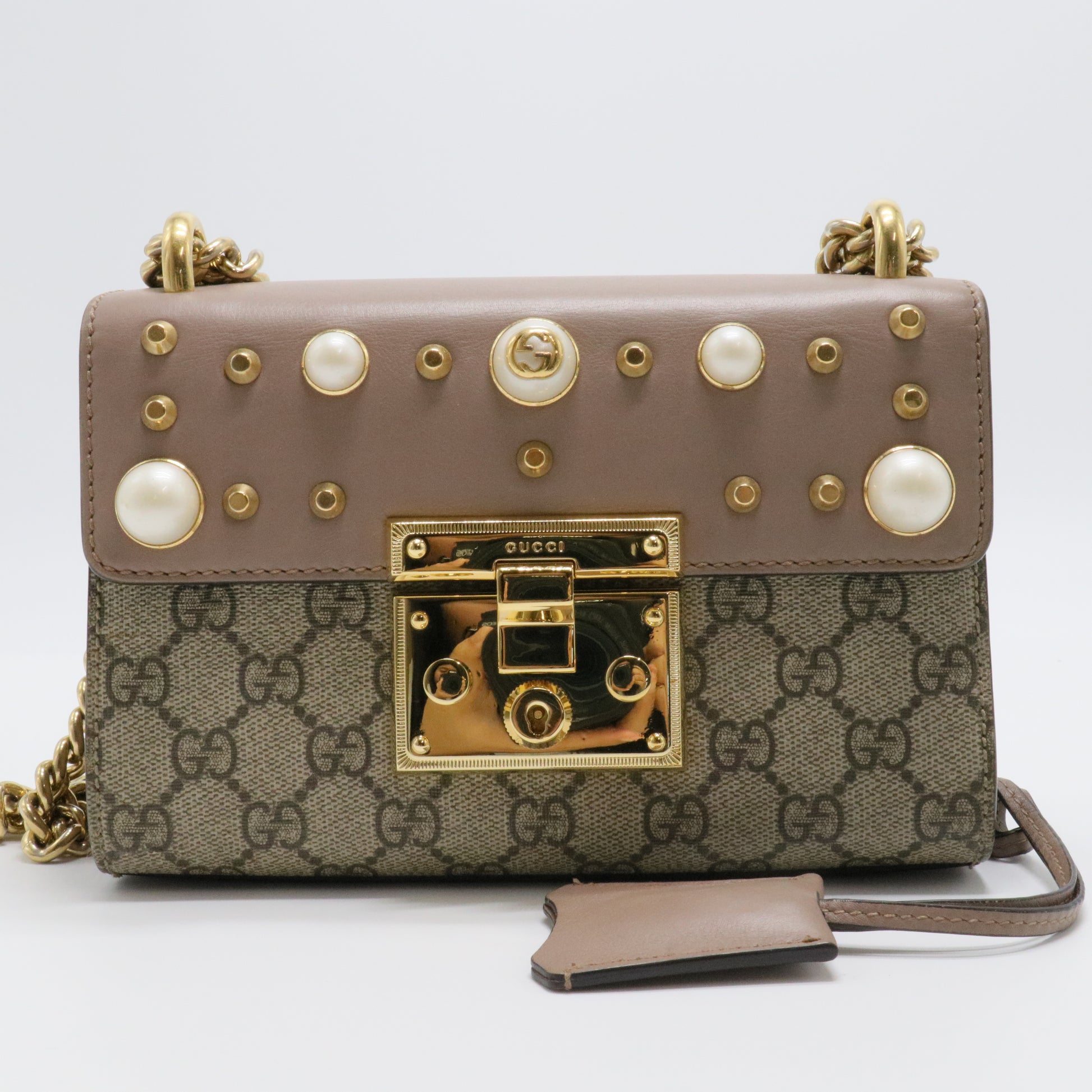 Gucci Beige/Brown GG Supreme Canvas And Leather Small Studded Padlock Shoulder Bag