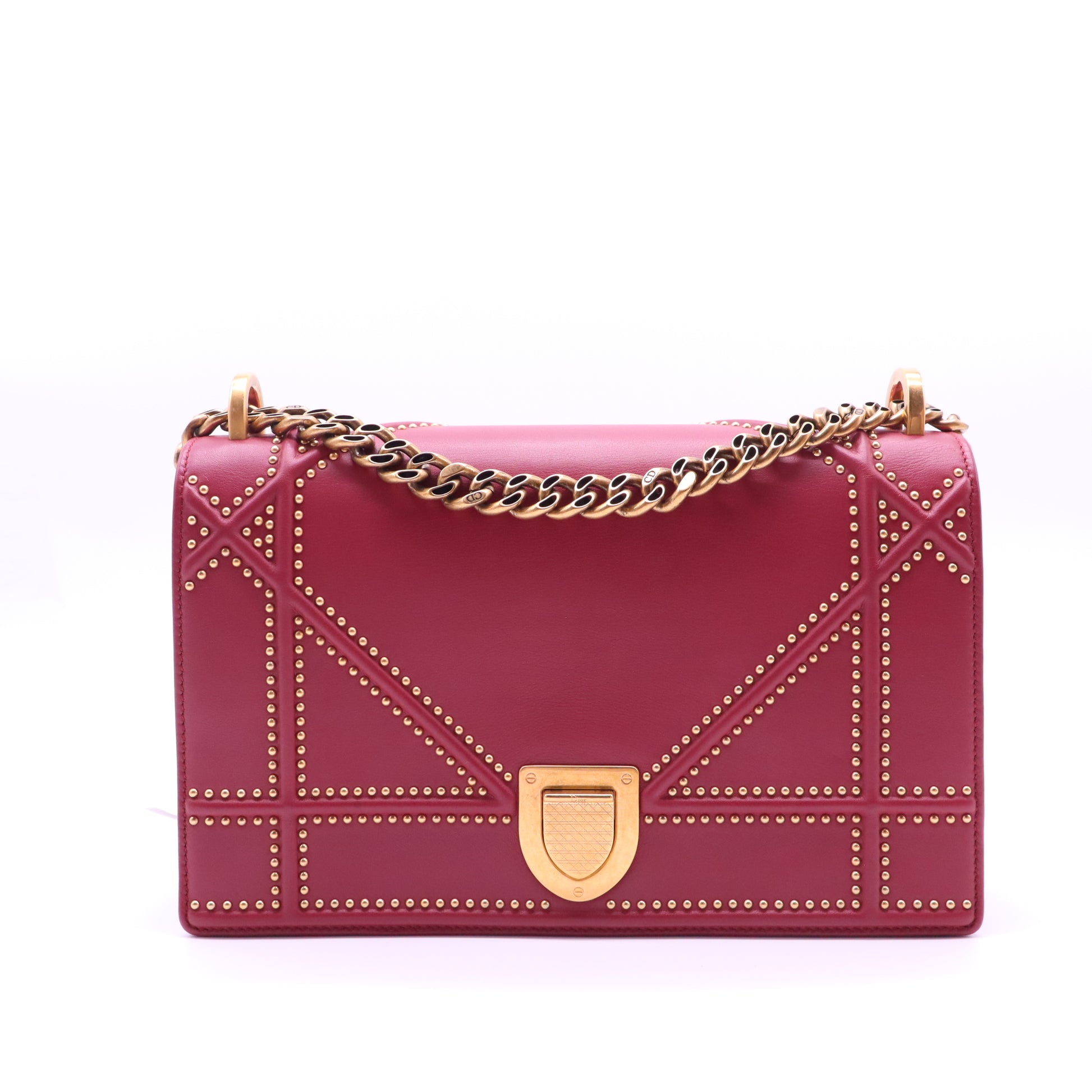 Christian Dior Calfskin Studded medium Diorama Flap Bag Burgundy twins B21963