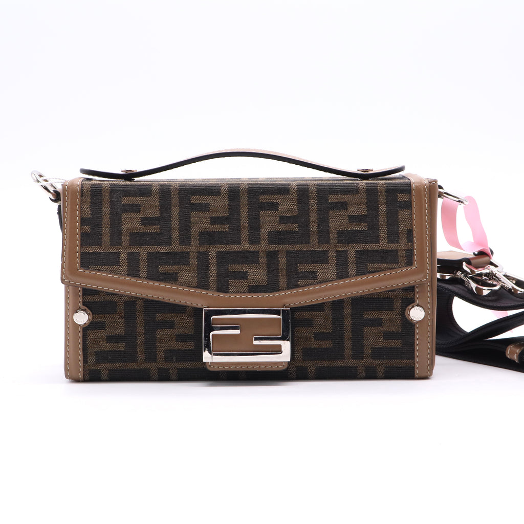 Fendi Recycled Fabric Jacquard Vitello King FF 1974 Baguette Soft Trunk Phone Pouch Tobacco Moro Sand Twins LDJ2681