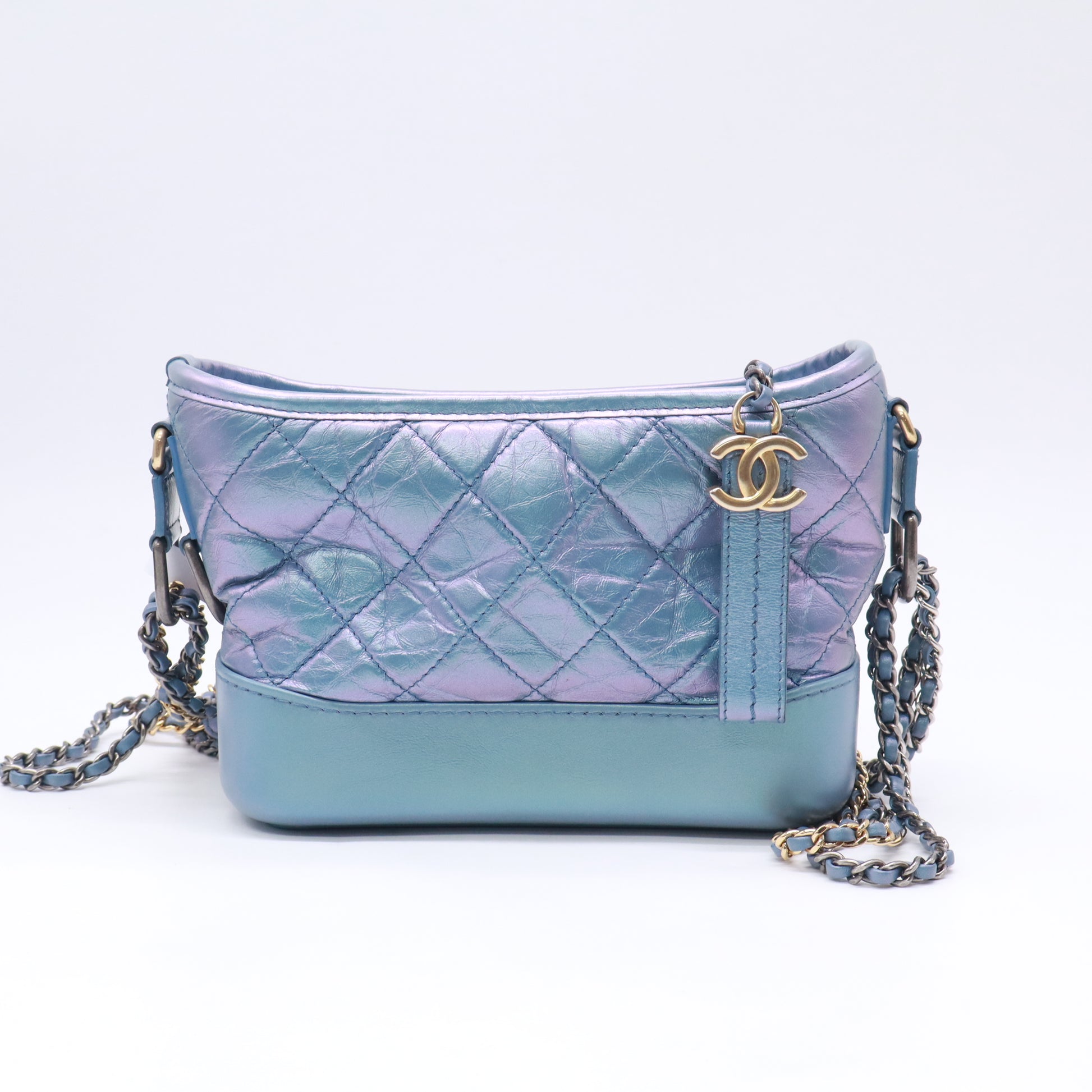 Iridescent Aged Calfskin Quilted Small Gabrielle Hobo Blue B23749