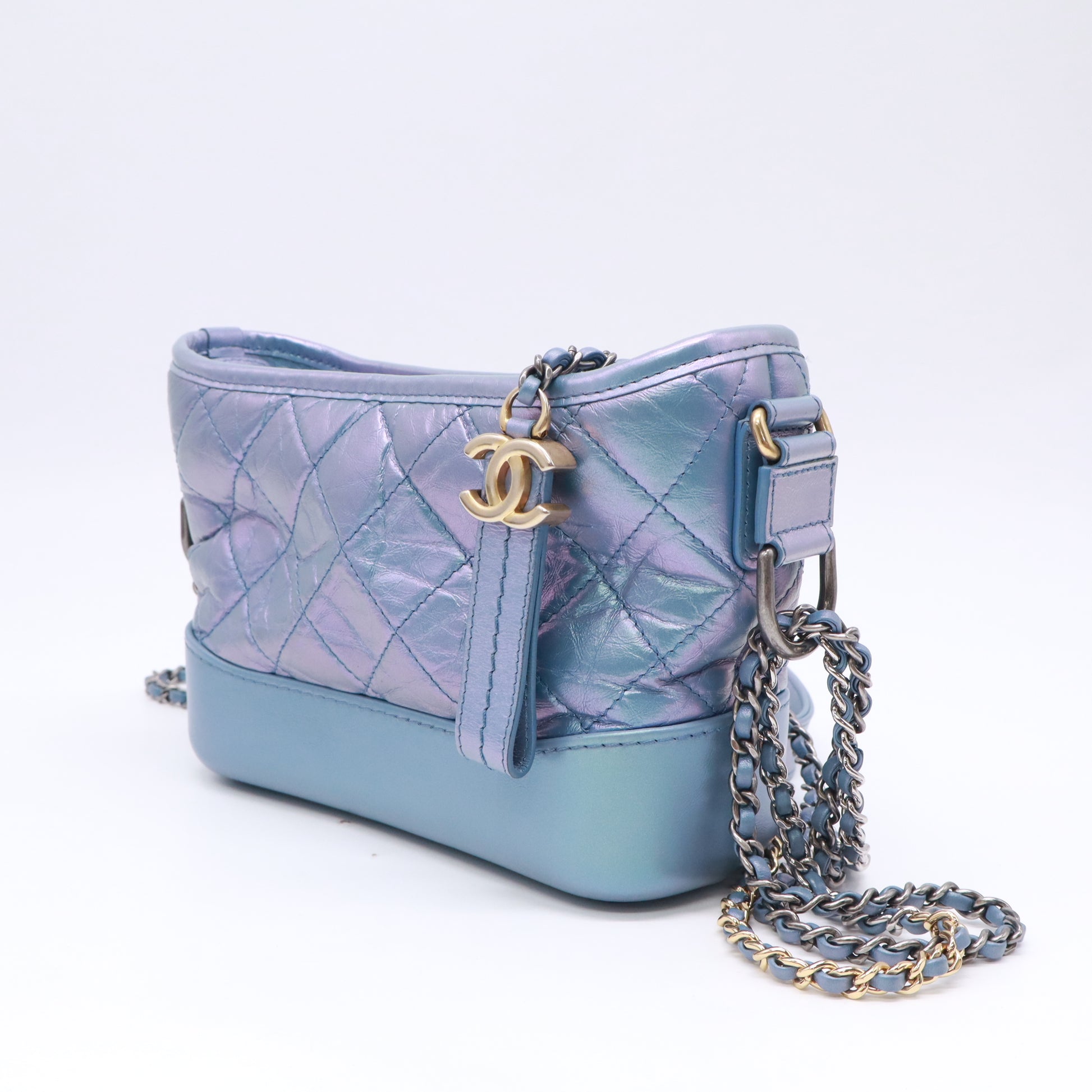 Iridescent Aged Calfskin Quilted Small Gabrielle Hobo Blue B23749