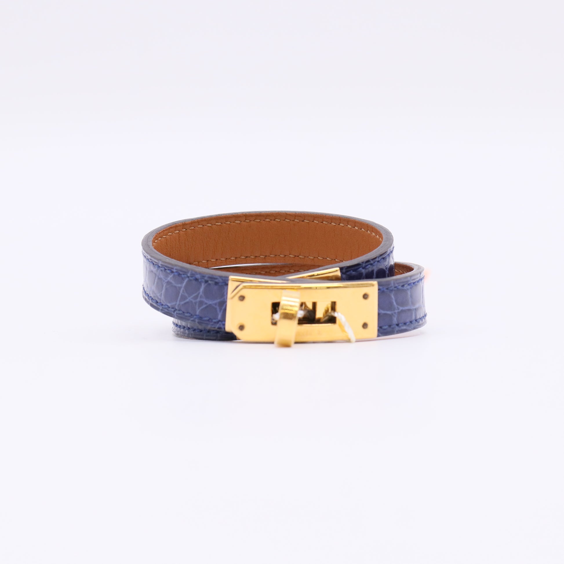 Hermes Bleu Roi Shiny Lisse Alligator Gold Plated Kelly Double Tour Bracelet Size S twins LDZ253