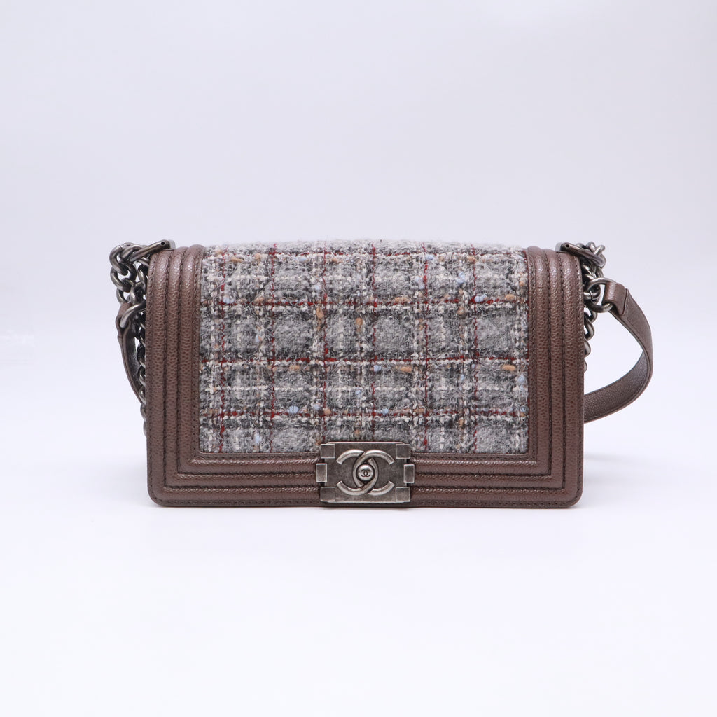 Chanel Paris-Edinburgh Tweed Calfskin Medium Boy Flap Bag (Brown) twins LDZ770