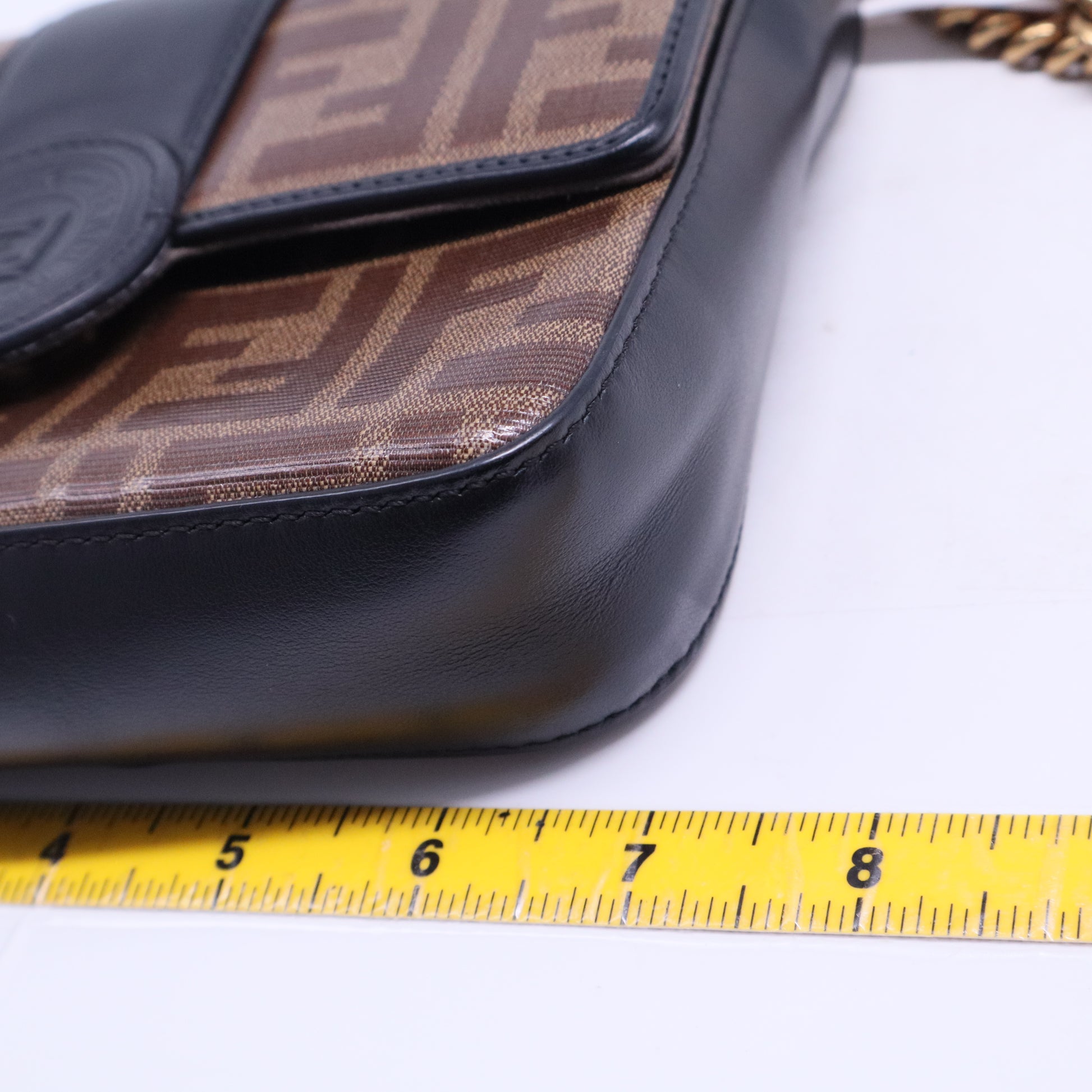 Glazed Fabric Vitello Century FF 1974 Stamp Patch Mini Double F Crossbody Bag Mogano Panna Black