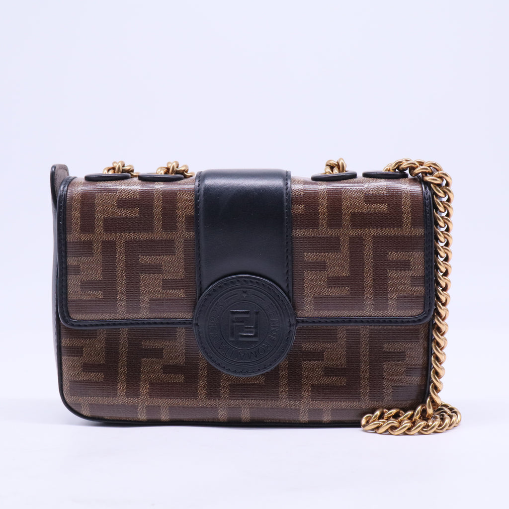 Glazed Fabric Vitello Century FF 1974 Stamp Patch Mini Double F Crossbody Bag Mogano Panna Black