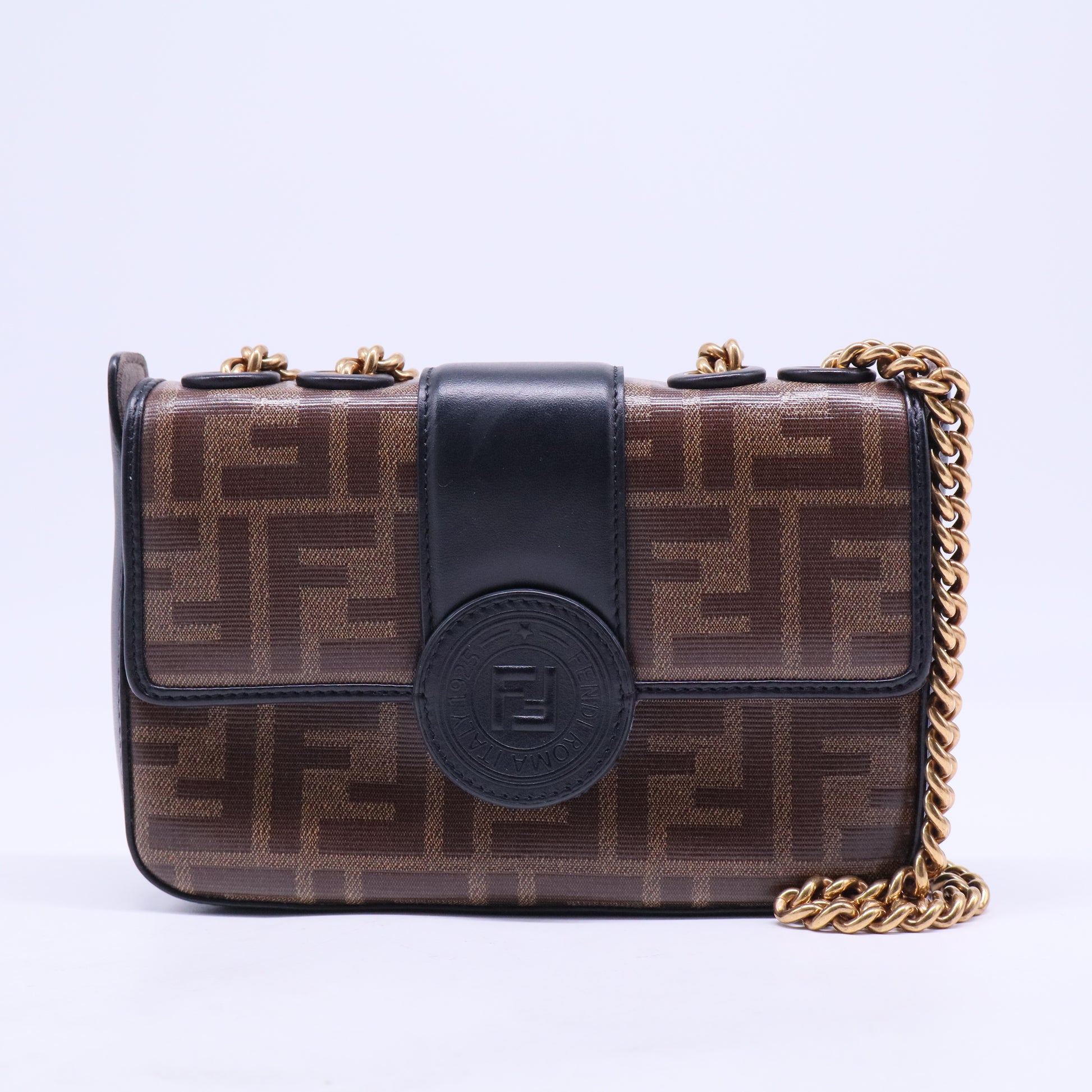 Glazed Fabric Vitello Century FF 1974 Stamp Patch Mini Double F Crossbody Bag Mogano Panna Black
