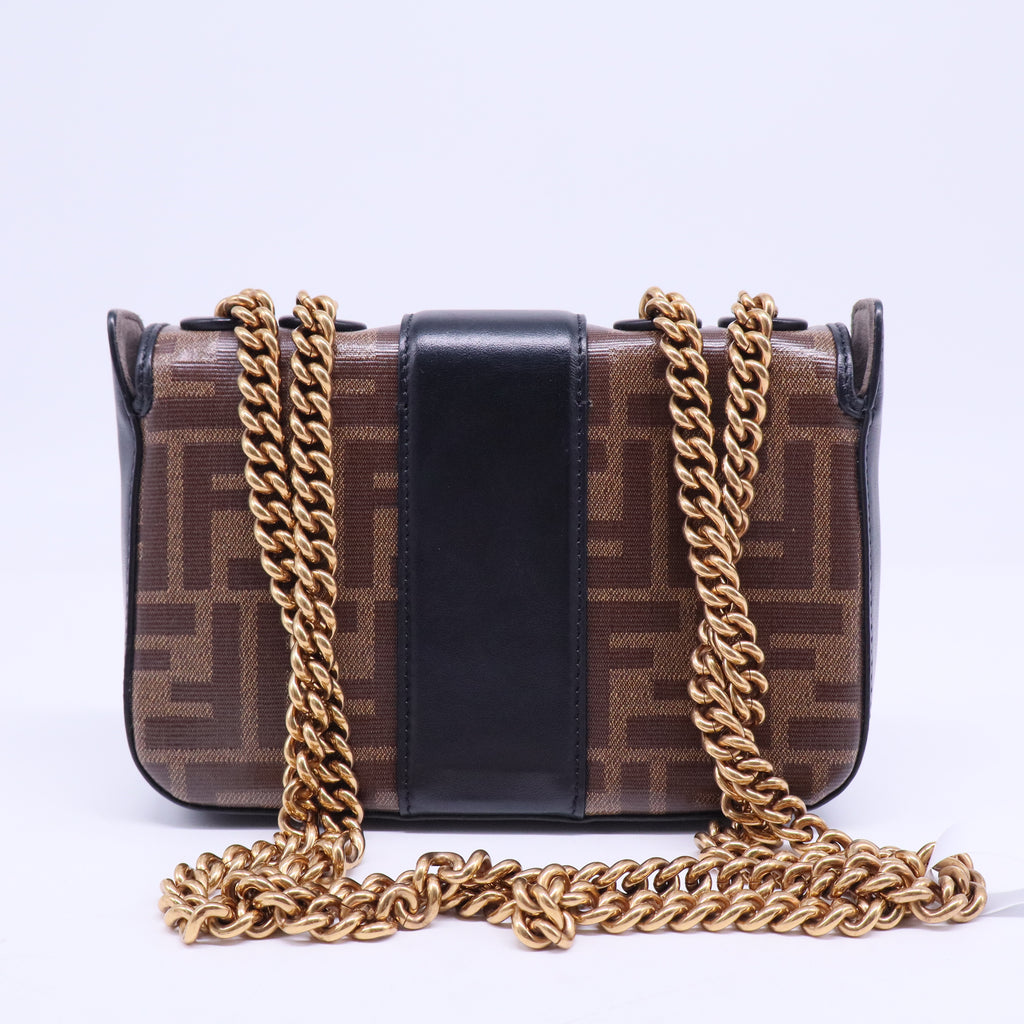 Glazed Fabric Vitello Century FF 1974 Stamp Patch Mini Double F Crossbody Bag Mogano Panna Black