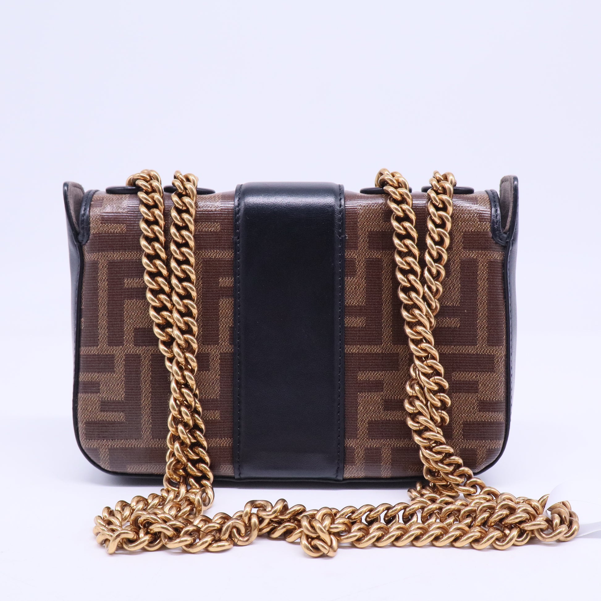 Glazed Fabric Vitello Century FF 1974 Stamp Patch Mini Double F Crossbody Bag Mogano Panna Black