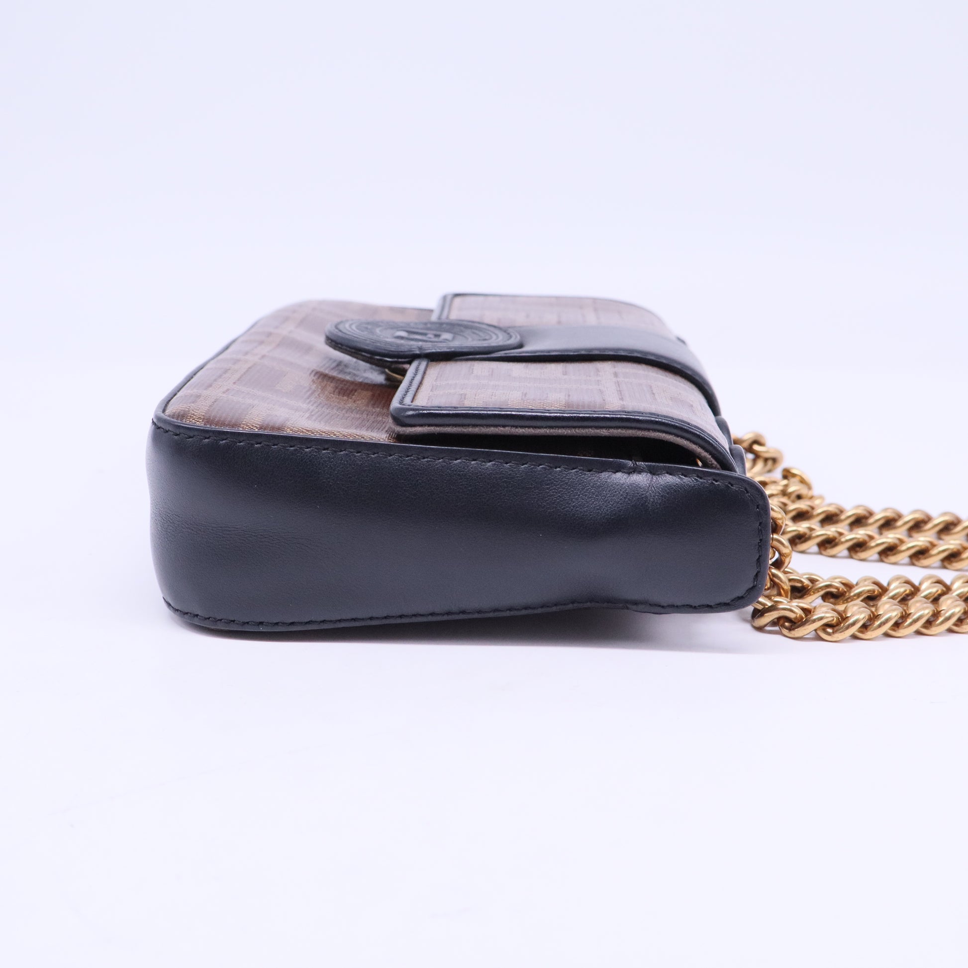 Glazed Fabric Vitello Century FF 1974 Stamp Patch Mini Double F Crossbody Bag Mogano Panna Black