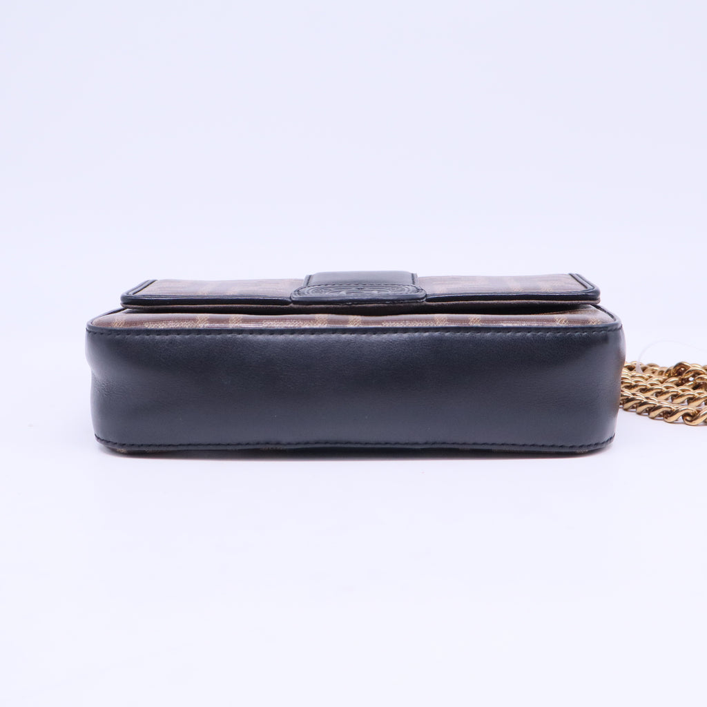 Glazed Fabric Vitello Century FF 1974 Stamp Patch Mini Double F Crossbody Bag Mogano Panna Black