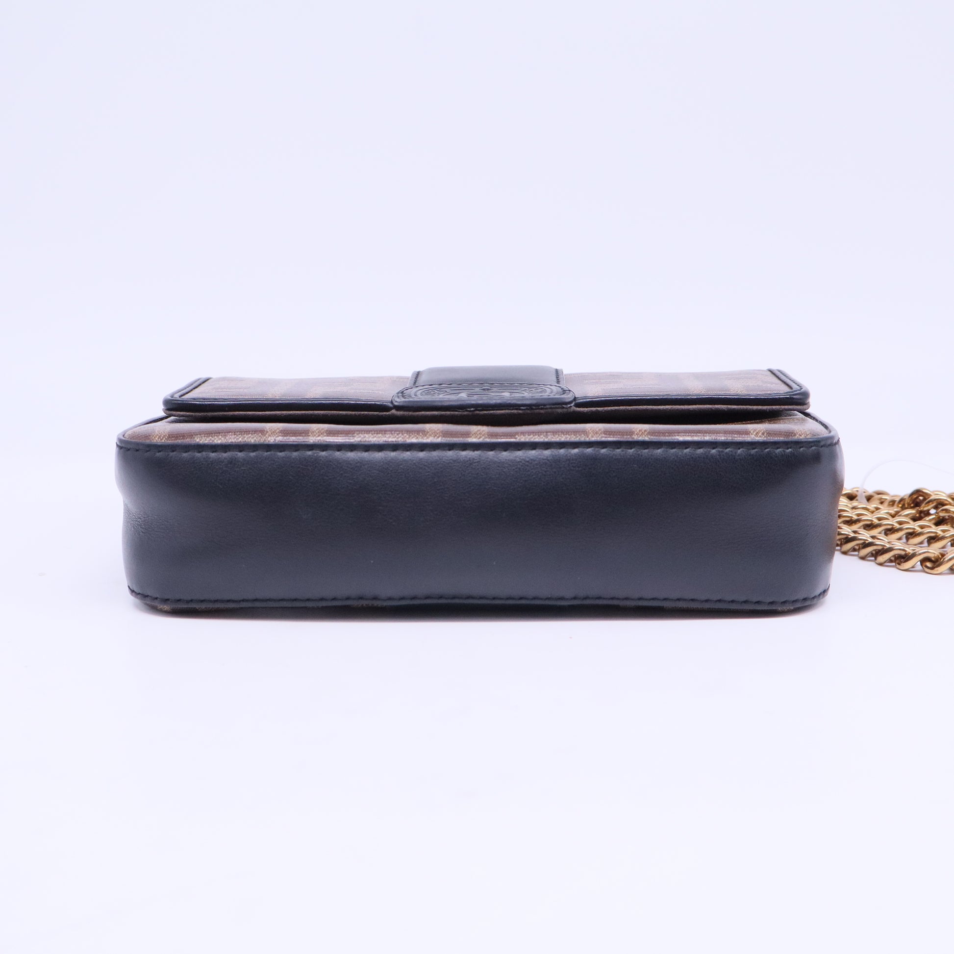 Glazed Fabric Vitello Century FF 1974 Stamp Patch Mini Double F Crossbody Bag Mogano Panna Black