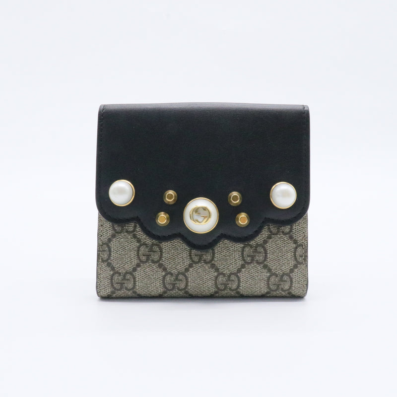 GG Supreme Monogram Pearl Studded French Wallet Black