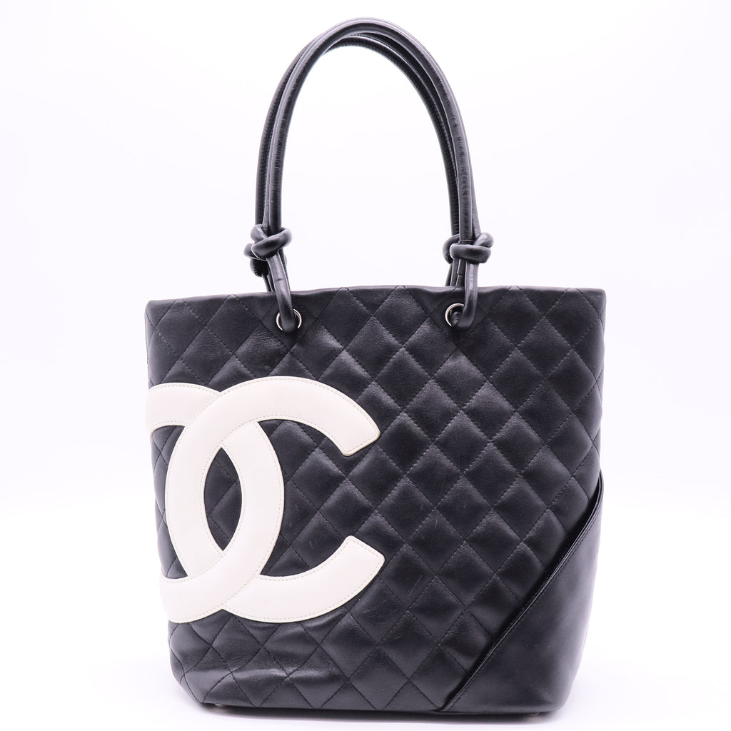 CC Cambon Line Leather Tote Handbag Black White Silver