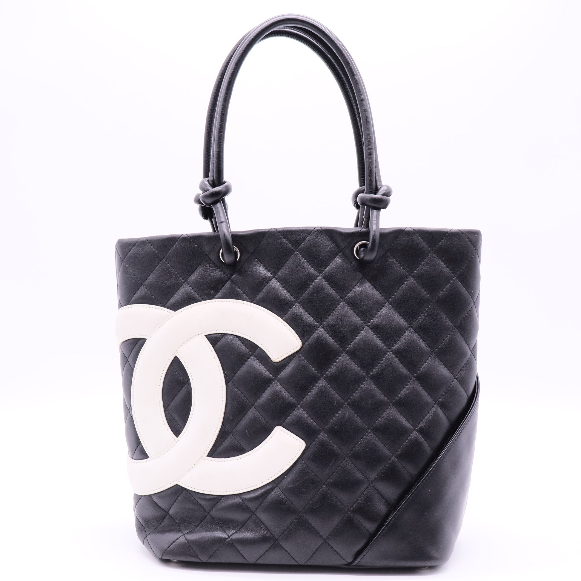 CC Cambon Line Leather Tote Handbag Black White Silver