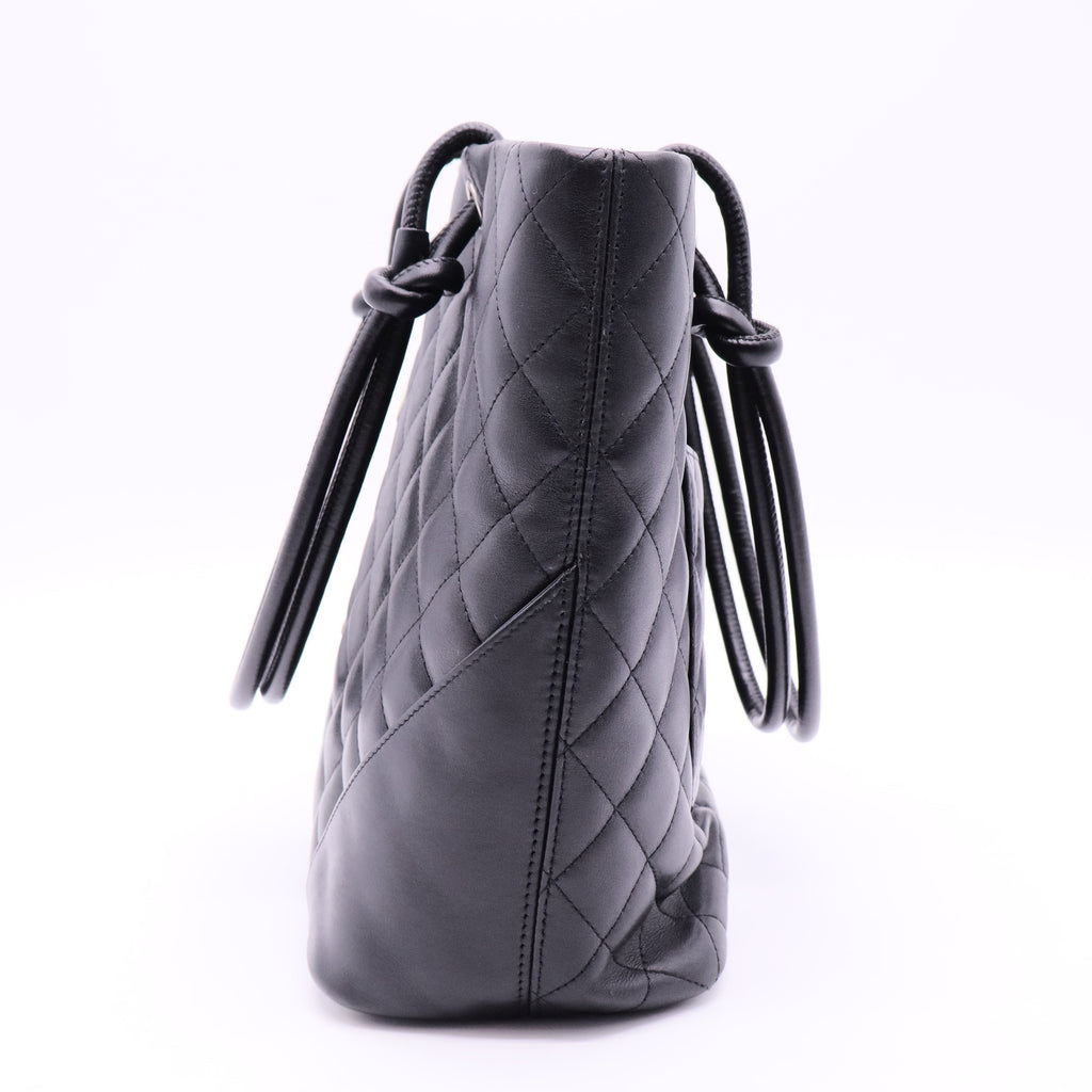 CC Cambon Line Leather Tote Handbag Black White Silver