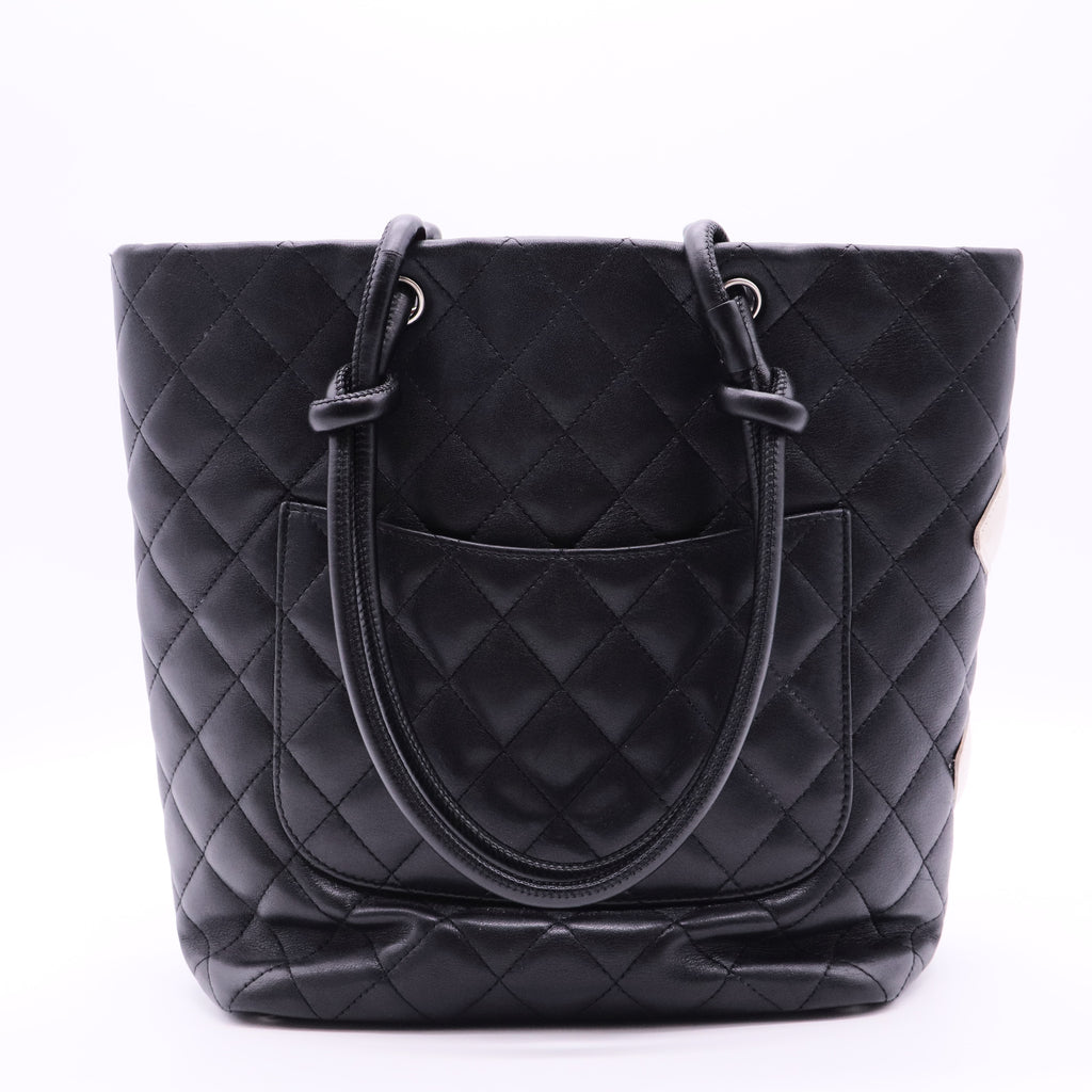CC Cambon Line Leather Tote Handbag Black White Silver
