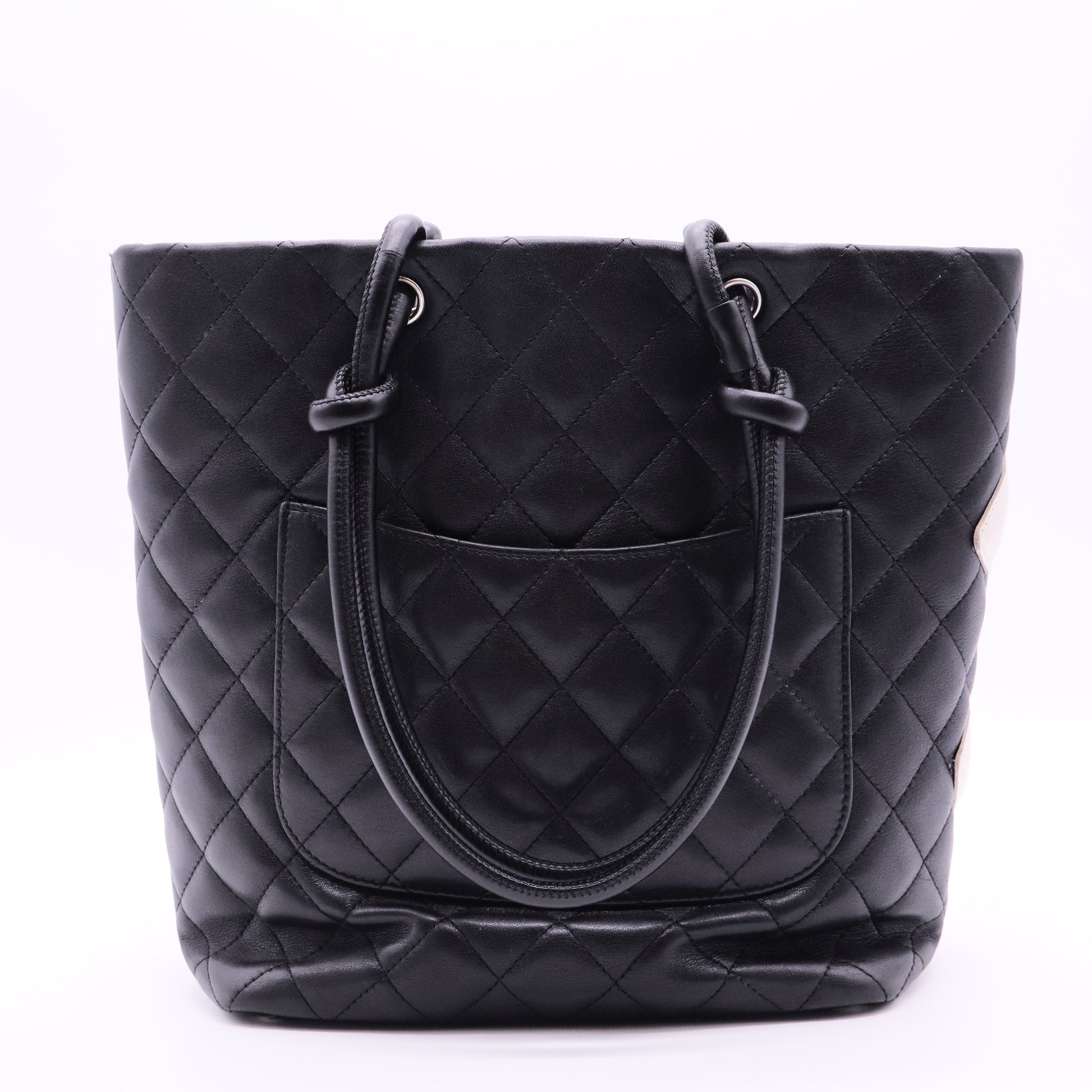 CC Cambon Line Leather Tote Handbag Black White Silver