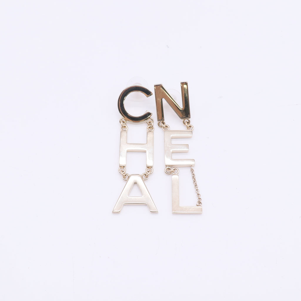 Chanel Metal Cha-Nel Logo Drop Earrings Gold W22977