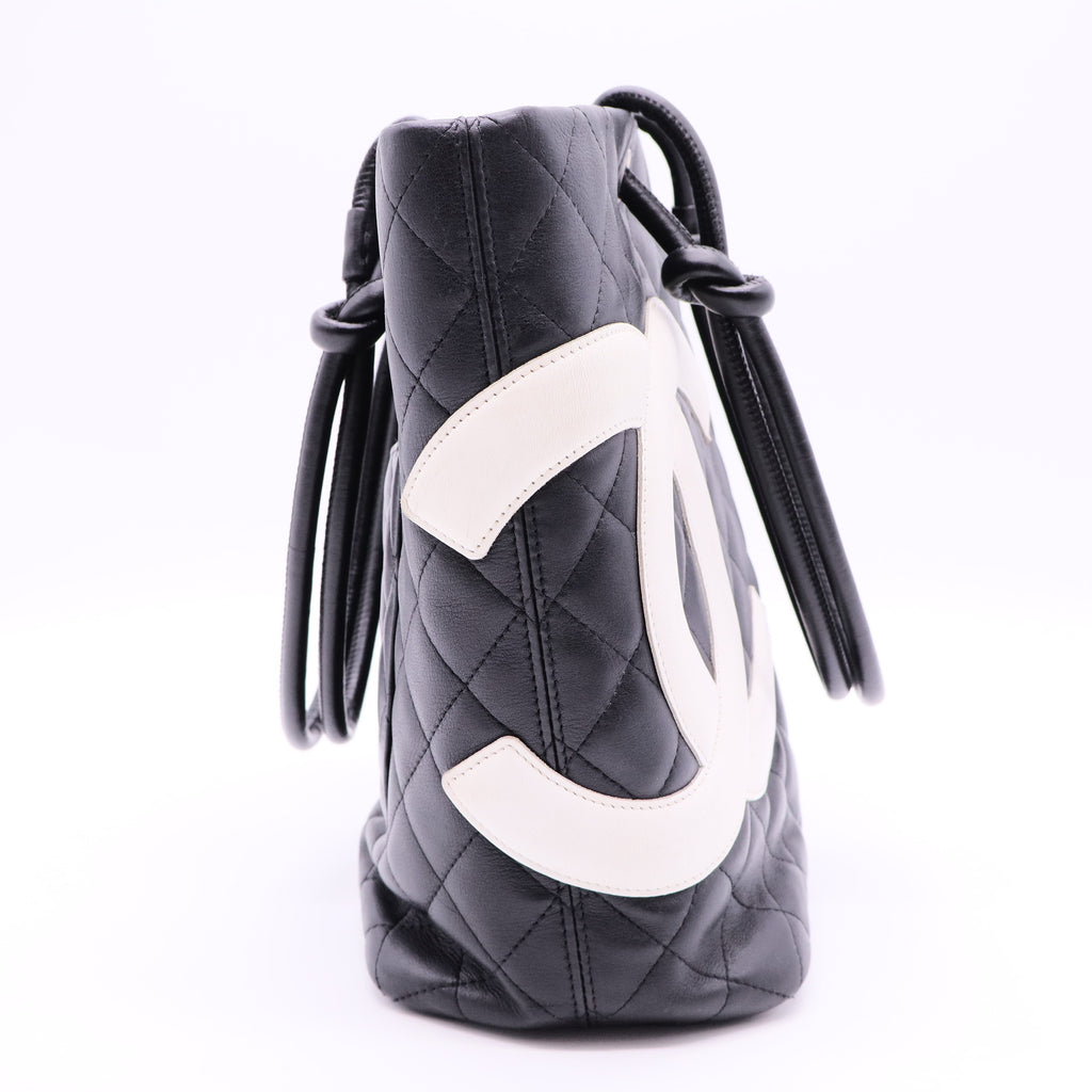 CC Cambon Line Leather Tote Handbag Black White Silver