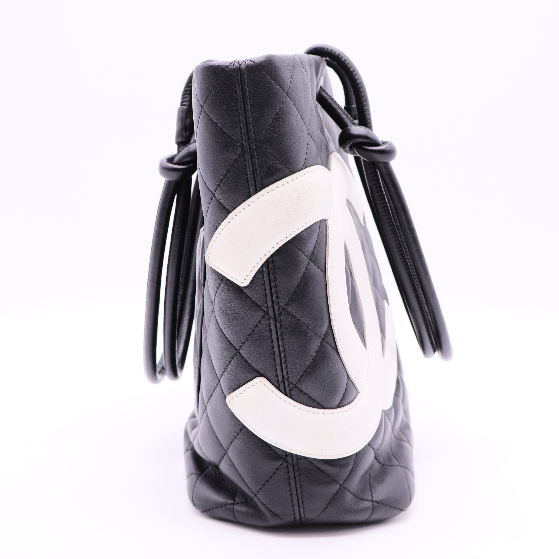 CC Cambon Line Leather Tote Handbag Black White Silver