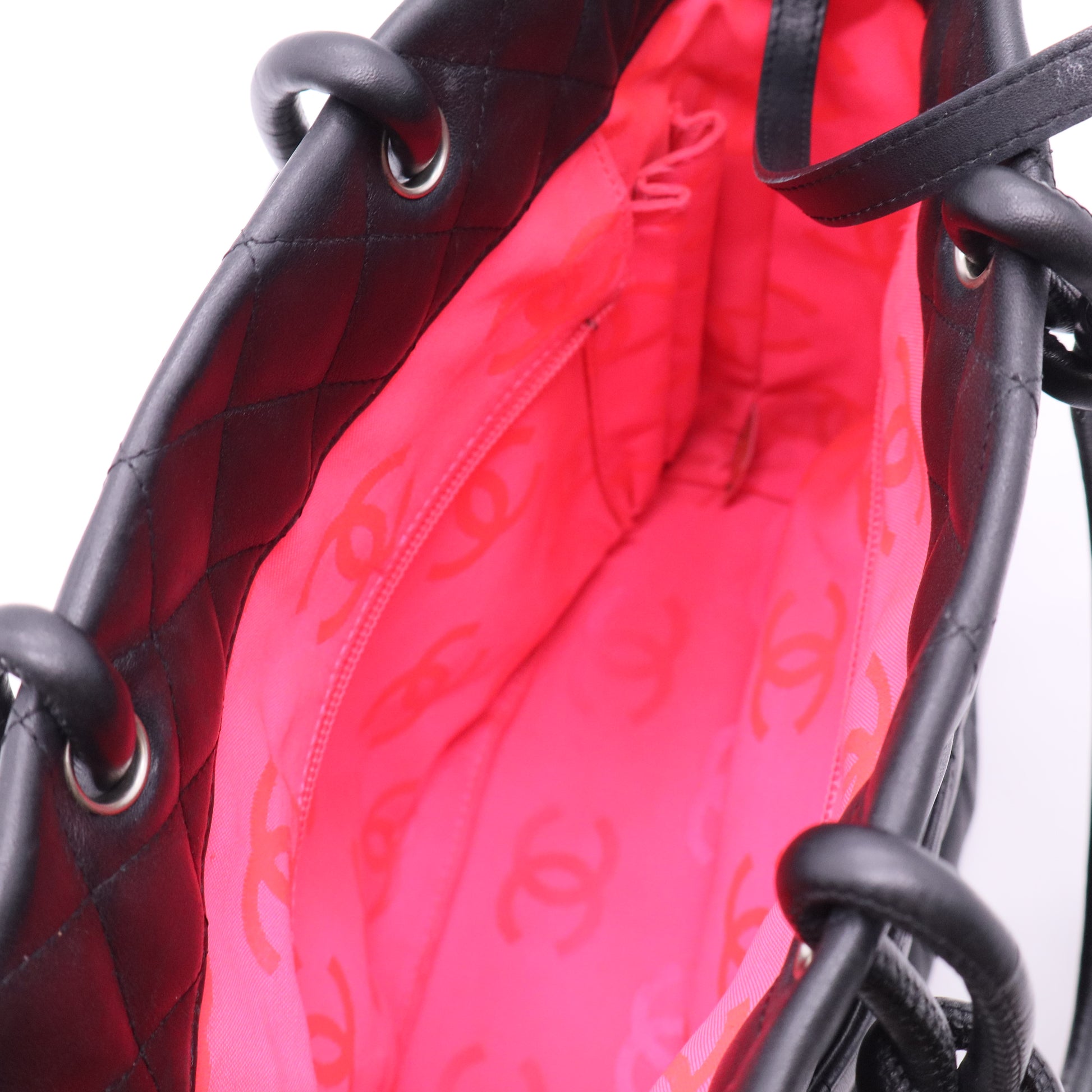 CC Cambon Line Leather Tote Handbag Black White Silver