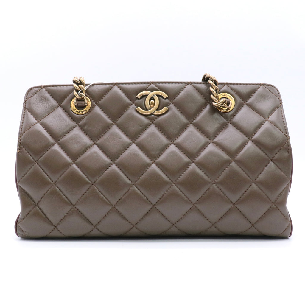 Calfskin Quilted Perfect Edge Tote Brown twins