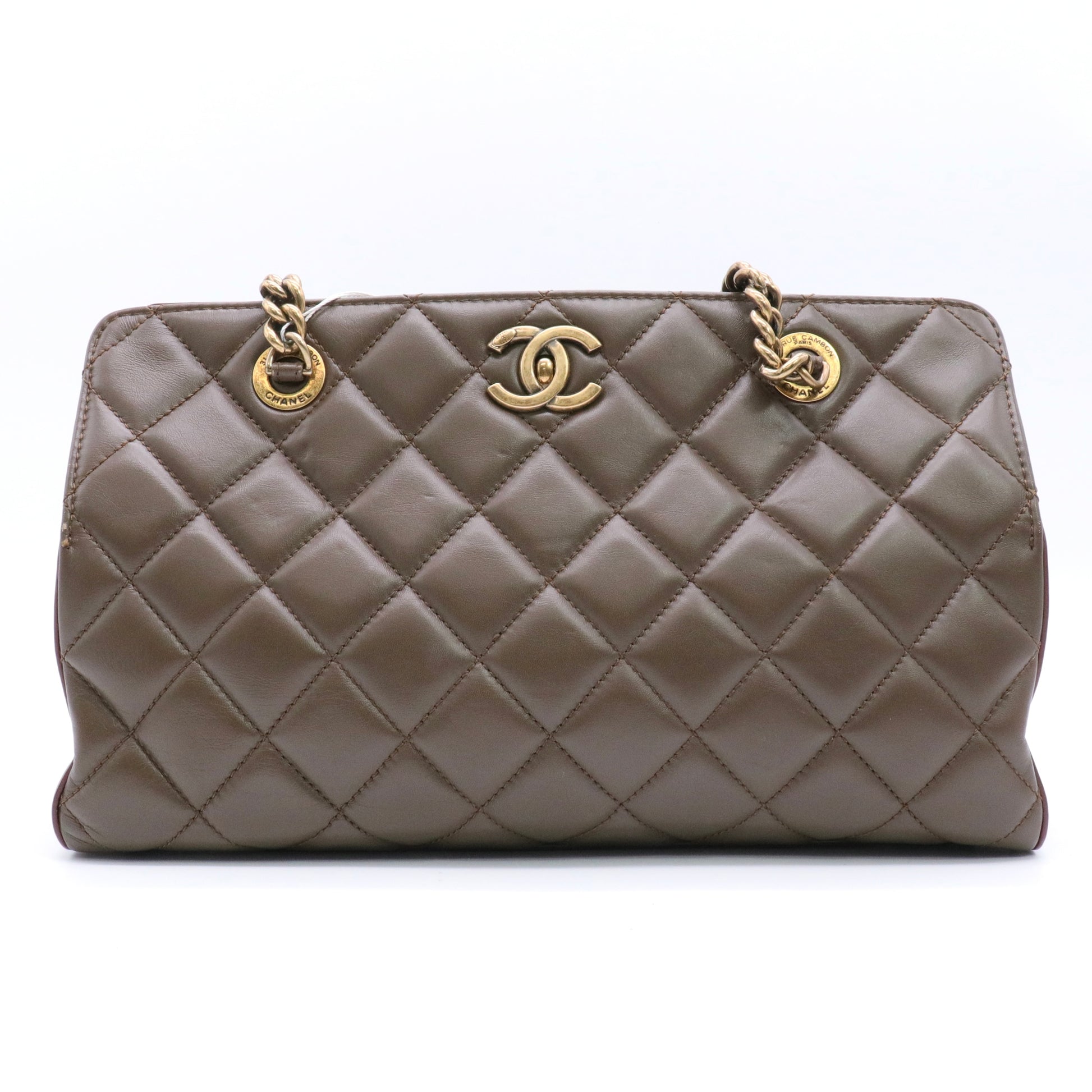 Calfskin Quilted Perfect Edge Tote Brown twins