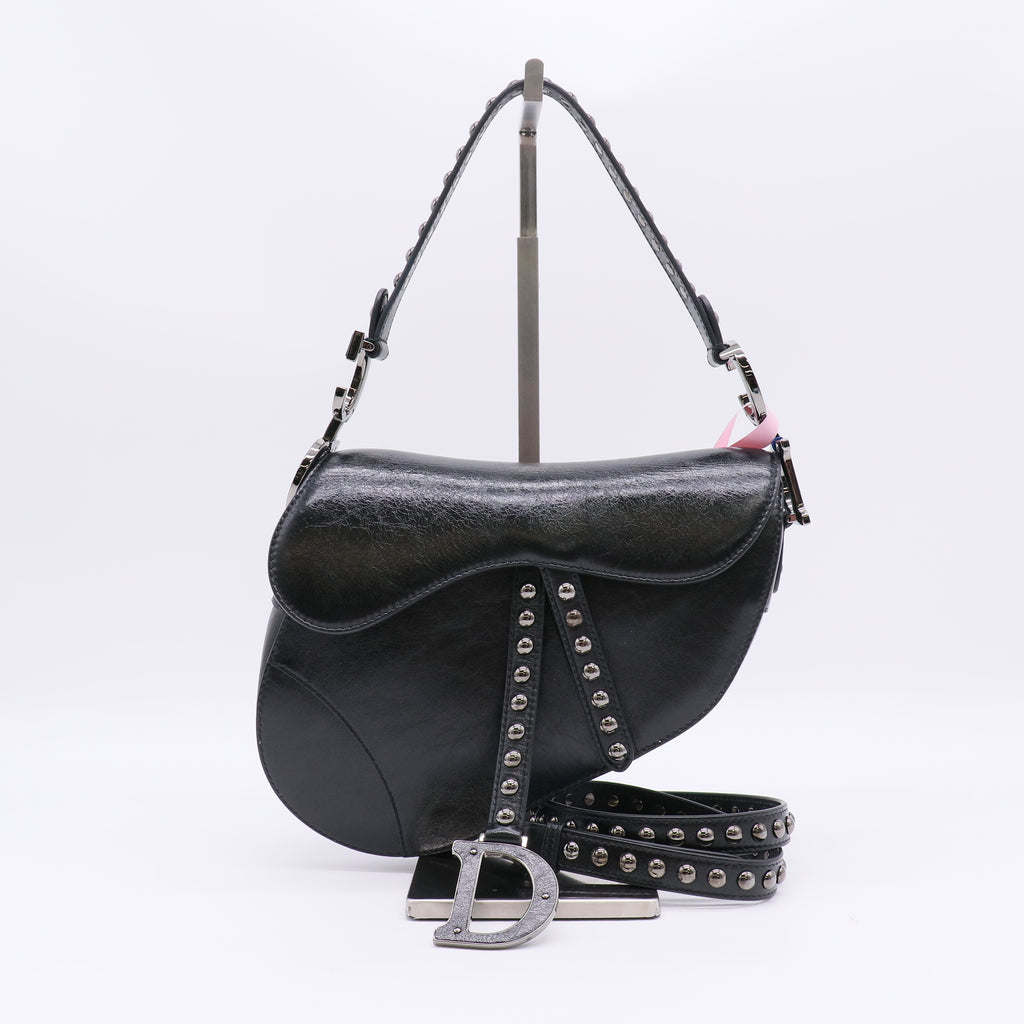Christian Dior Shiny Crinkled Calfskin Studded Saddle Bag twins LDJ4859