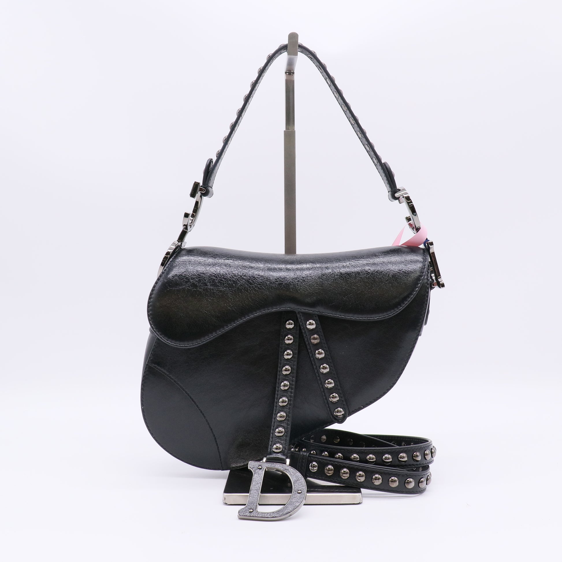 Christian Dior Shiny Crinkled Calfskin Studded Saddle Bag twins LDJ4859