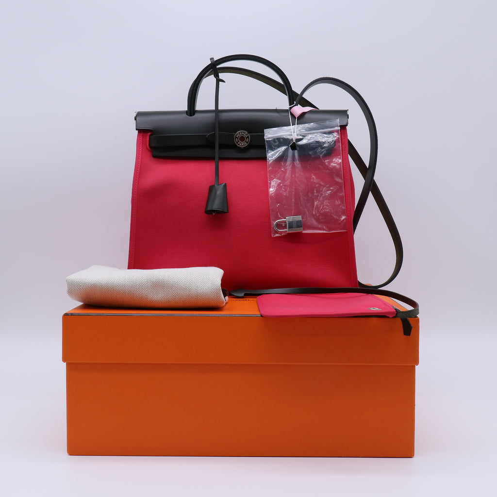 Hermes Vache Hunter Toile Herbag Zip 31 PM Rose Extreme Kaki twins
