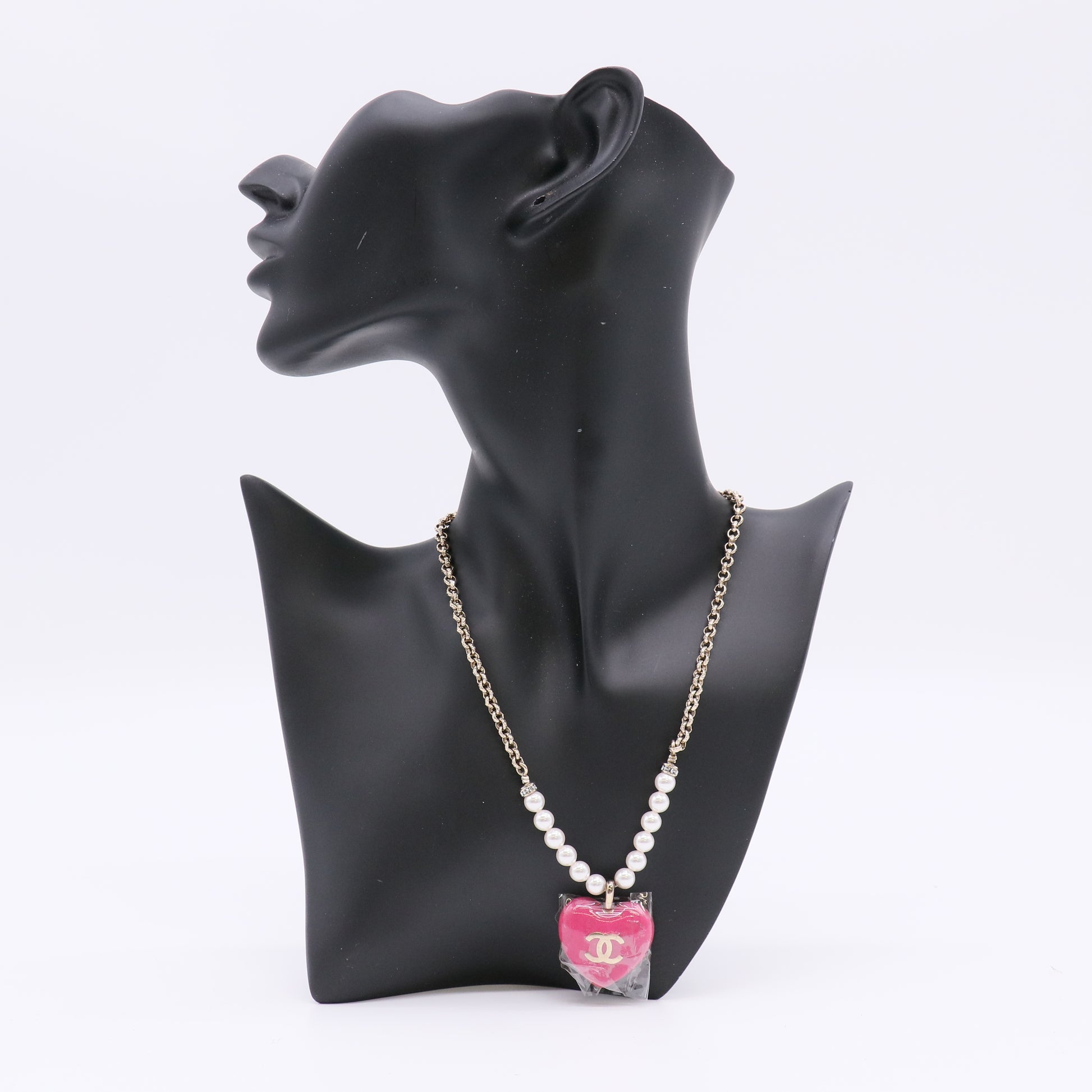 Chanel Resin Crystal Pearl Chain Heart CC Necklace Pink Gold twins LDJ4876