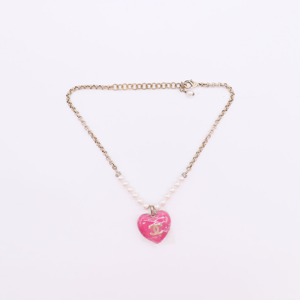 Chanel Resin Crystal Pearl Chain Heart CC Necklace Pink Gold twins LDJ4876
