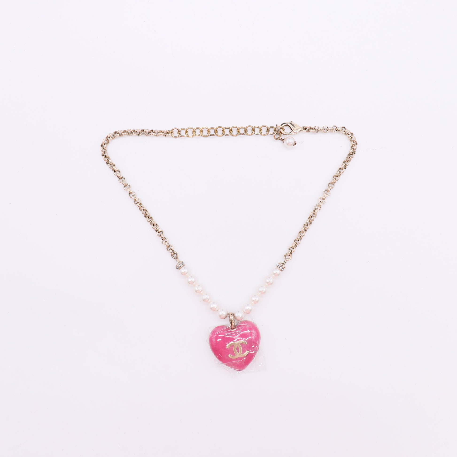 Chanel Resin Crystal Pearl Chain Heart CC Necklace Pink Gold twins LDJ4876