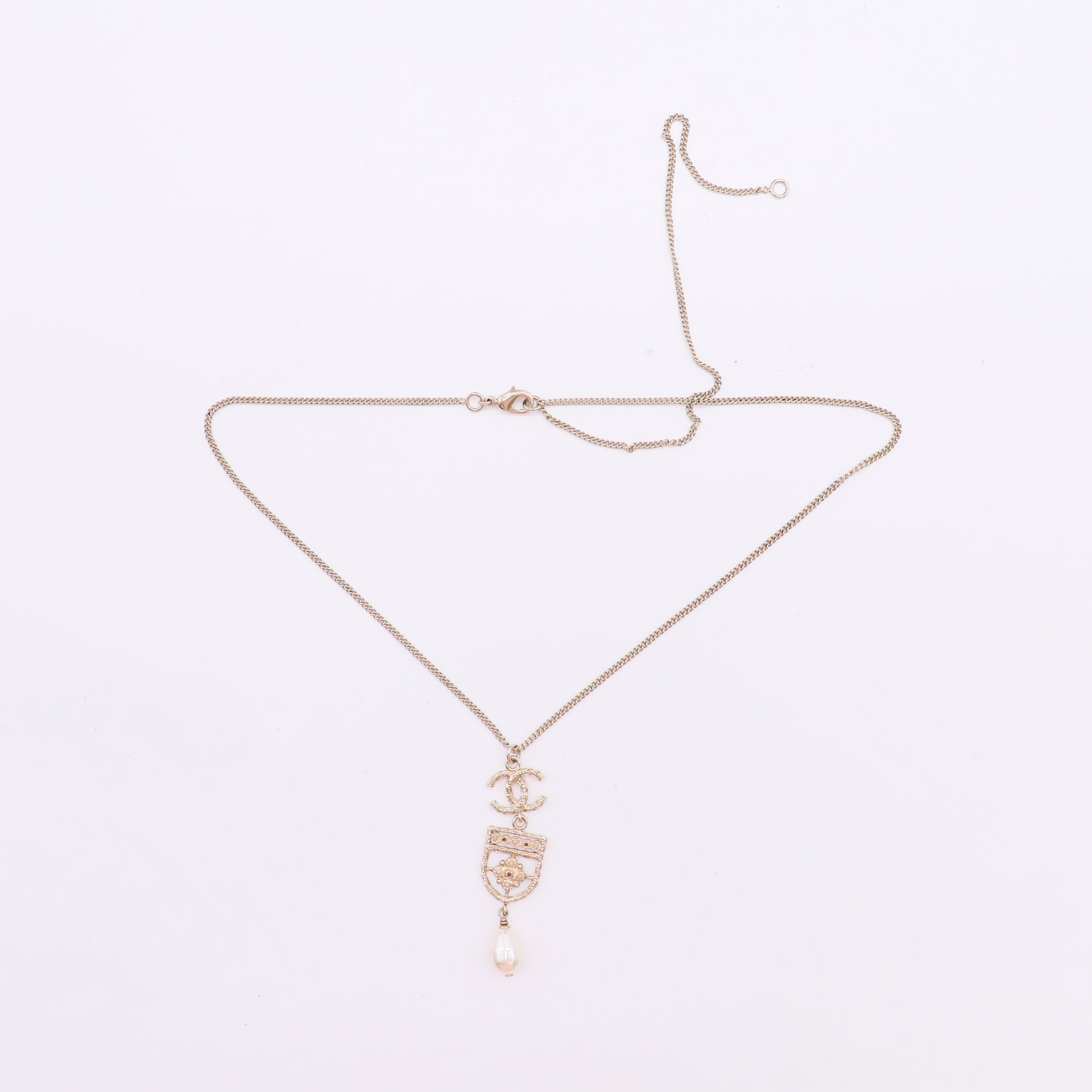 Chanel Pearl Crystal CC Chain Necklace Gold twins LDJ4878