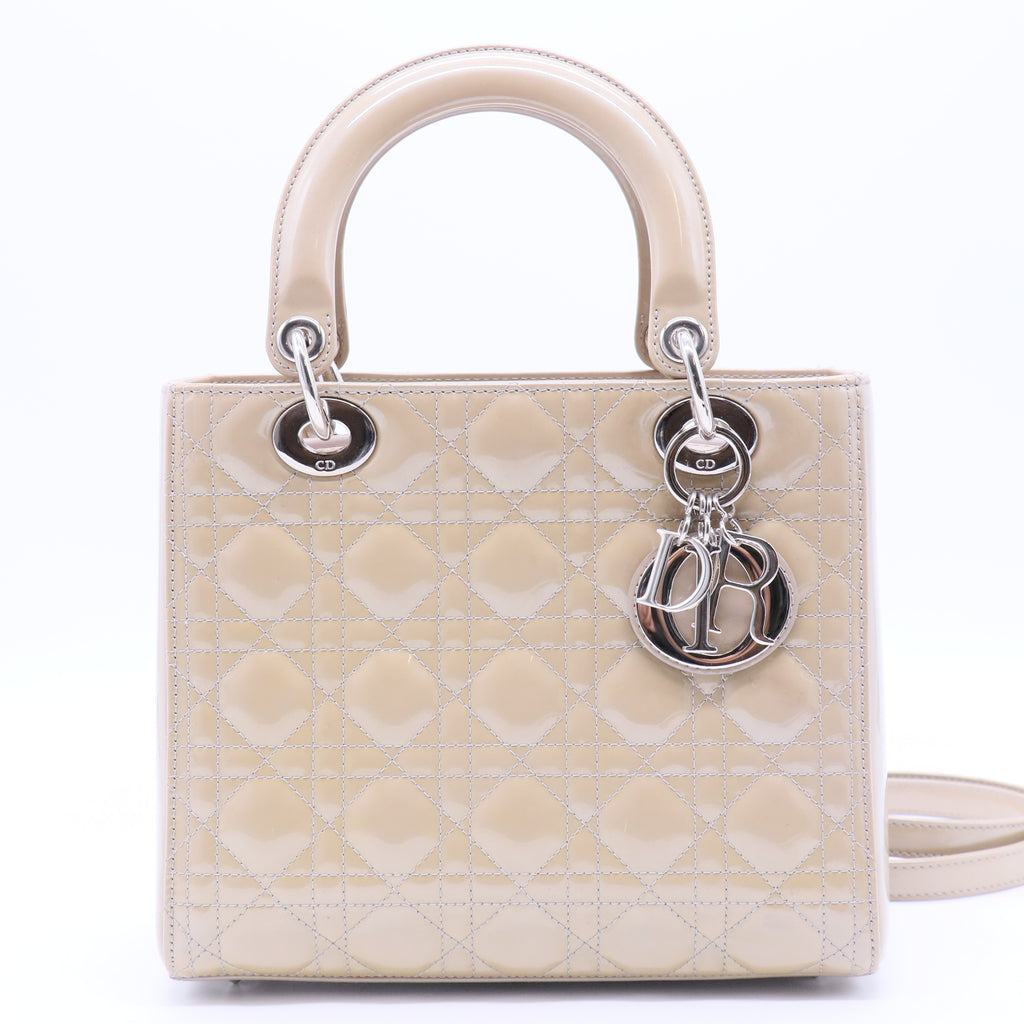 Beige Cannage Patent Leather Medium Lady Dior