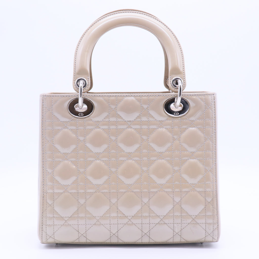 Beige Cannage Patent Leather Medium Lady Dior