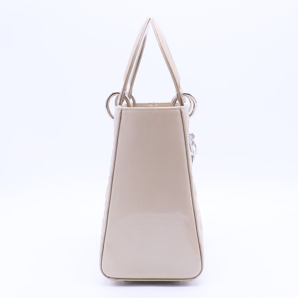 Beige Cannage Patent Leather Medium Lady Dior