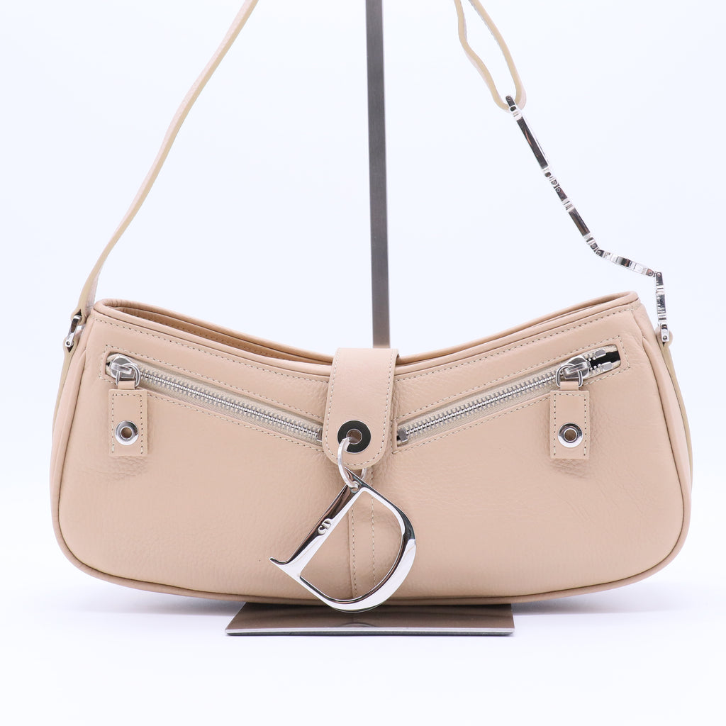 Beige Leather Logo Charm Shoulder Bag