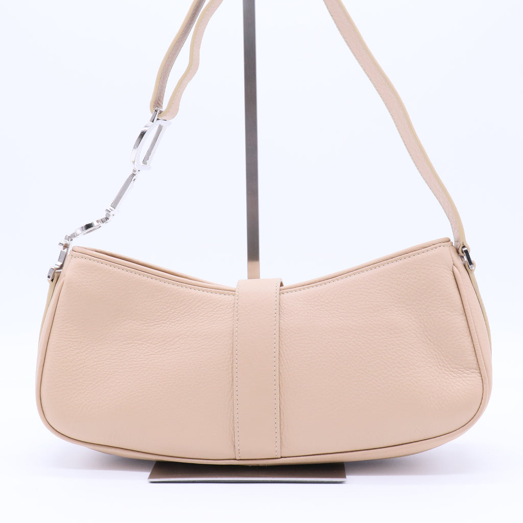 Beige Leather Logo Charm Shoulder Bag