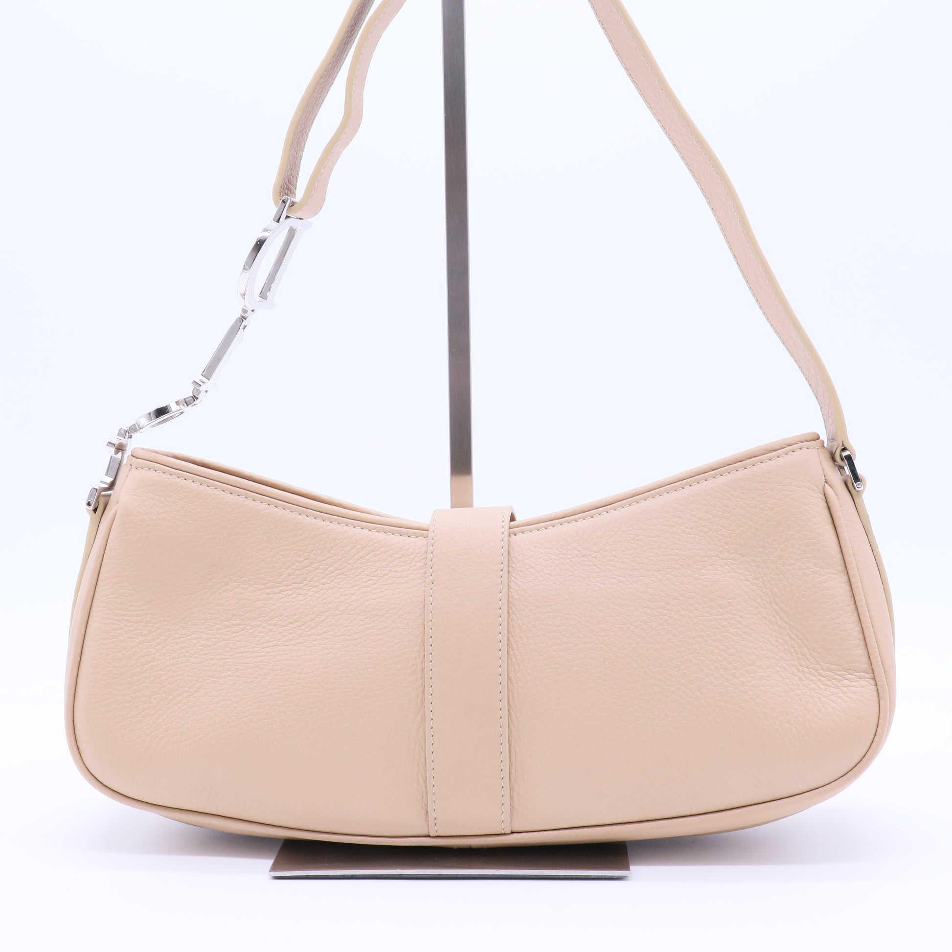 Beige Leather Logo Charm Shoulder Bag