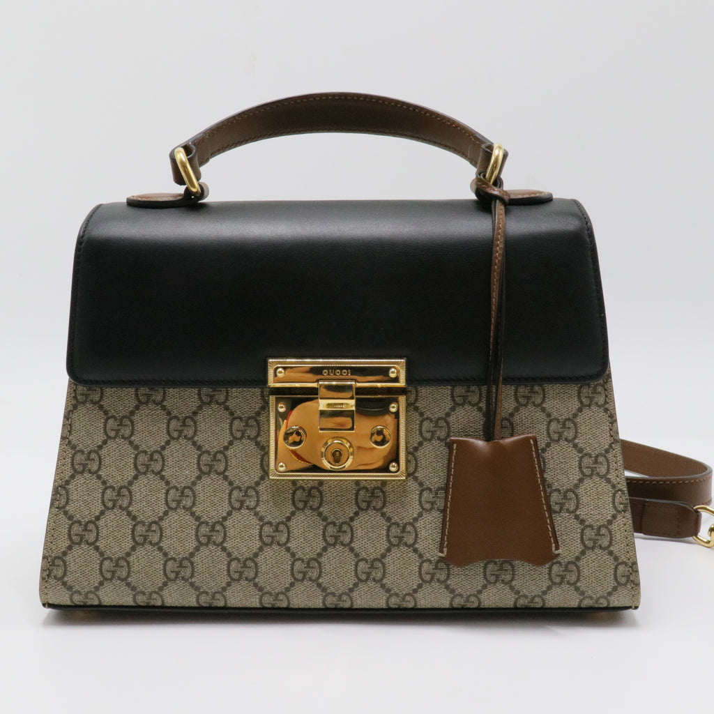 GG Supreme Monogram Calfskin Small Padlock Top Handle Bag Beige Black Cuir