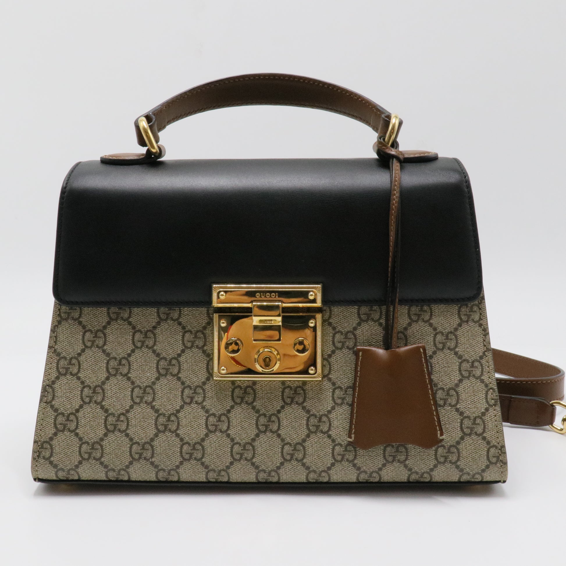 GG Supreme Monogram Calfskin Small Padlock Top Handle Bag Beige Black Cuir