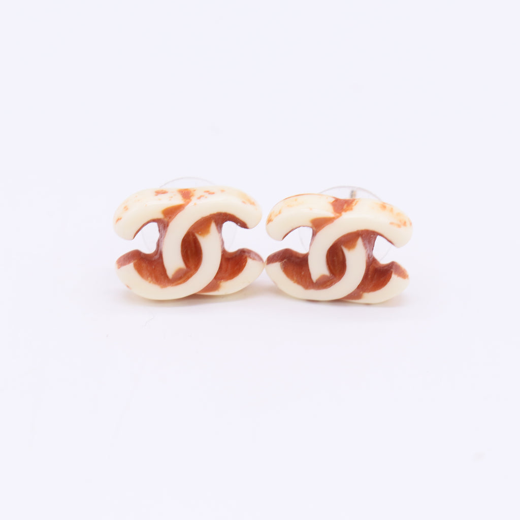 Chanel Coco Mark Earrings White x Brown W22981