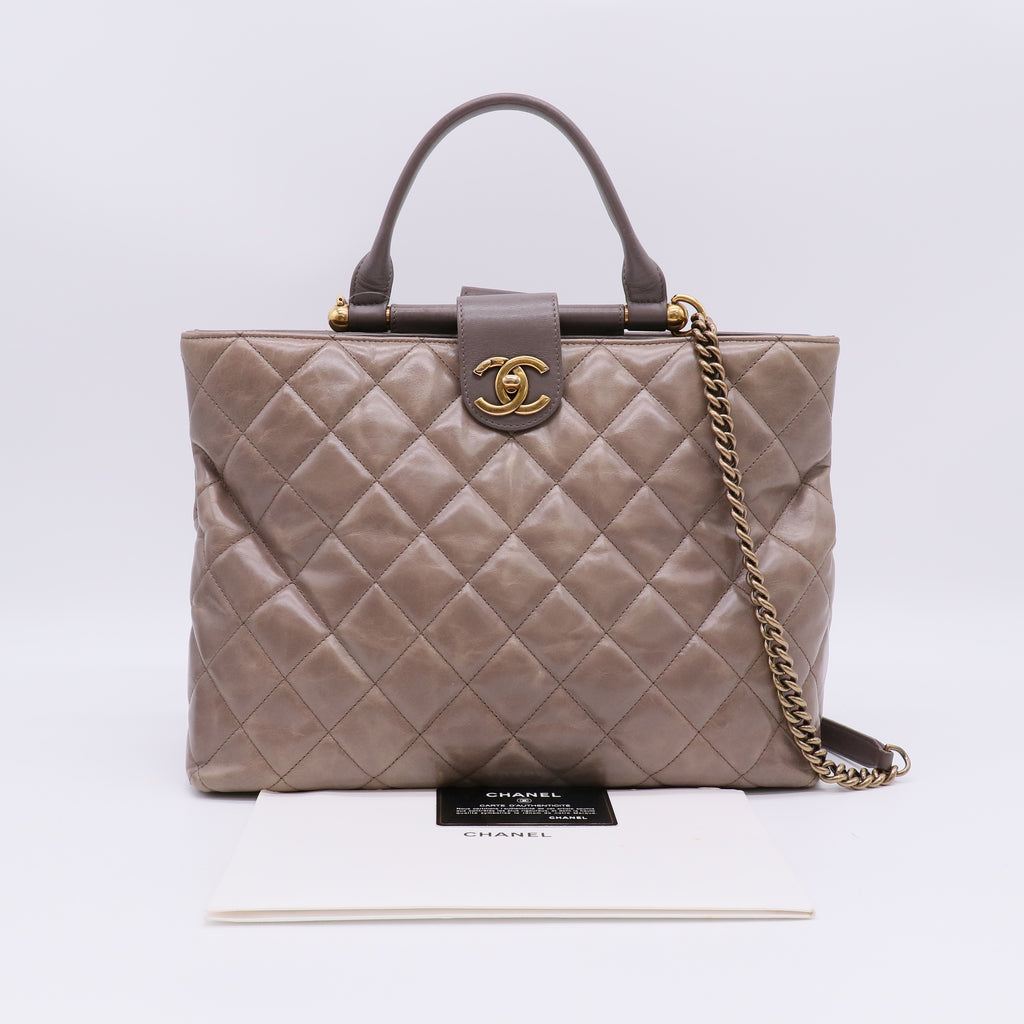 Grey Calfskin Quilted Large Gold Bar Top Handle Tote twins LDJ4888