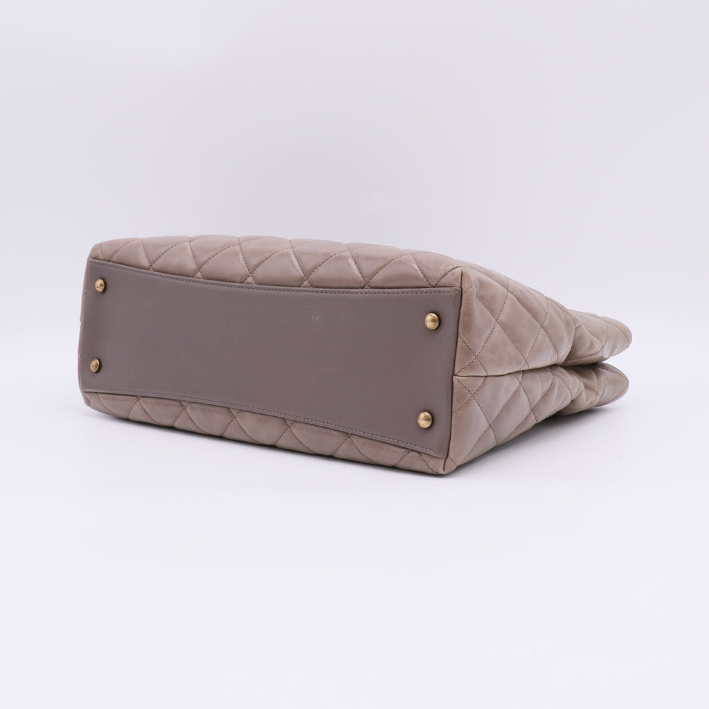 Grey Calfskin Quilted Large Gold Bar Top Handle Tote twins LDJ4888