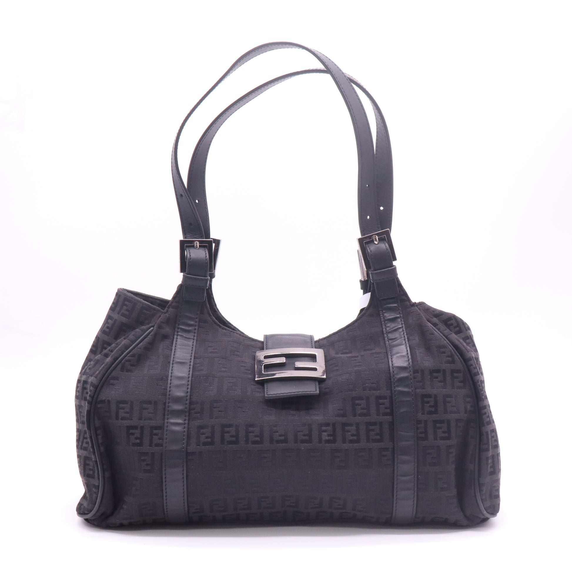 Fendi Zucchino Canvas Vitello Borsa Due Manici Shoulder Bag Black twins B23120