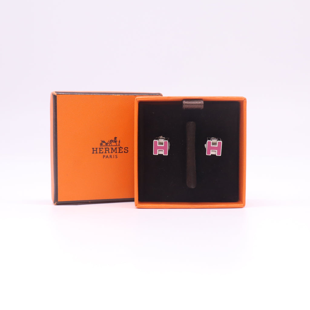 Hermès Mini Pop H Stud Earrings in Pink Lacquered Metal with Silver Hardware W22471